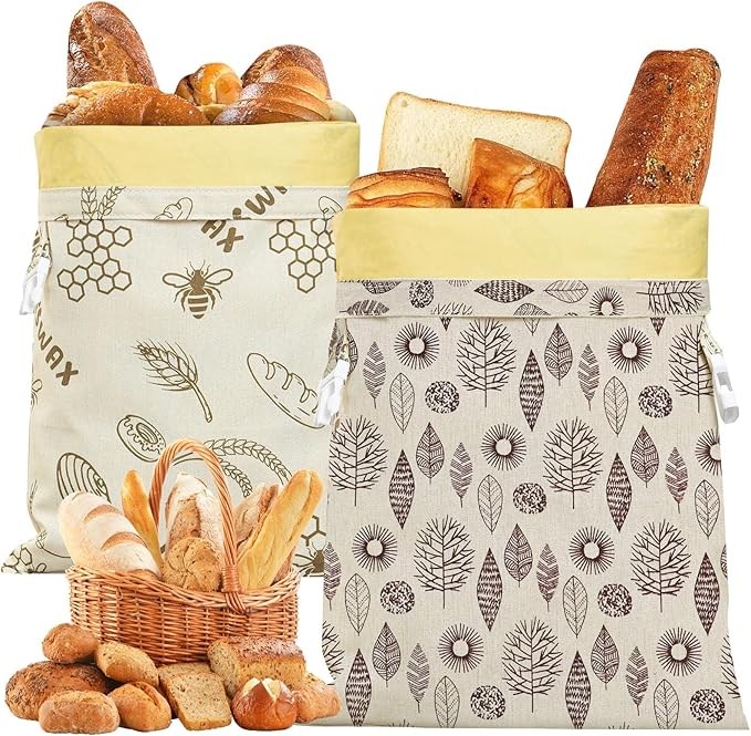 2 Pack Reusable Beeswax Storage Bags – Sourdough Bread Bags for Homemade Organic Cotton Waxed Food Bags for Freezer & Refrigerator Safe, Eco-Friendly Reusable Wraps to Keep Baked Goods Fresh Longer