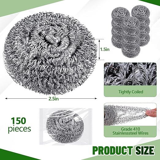 Honeydak 150 Pack Stainless Steel Scourers Steel Wool Scrubbers Bulk Separately Packaged 2.5 Inch, 15 Gram Metal Scourers Sponges Wire Scouring Pad for Stove Pot Pan Oven Kitchen Restaurant(Classic)