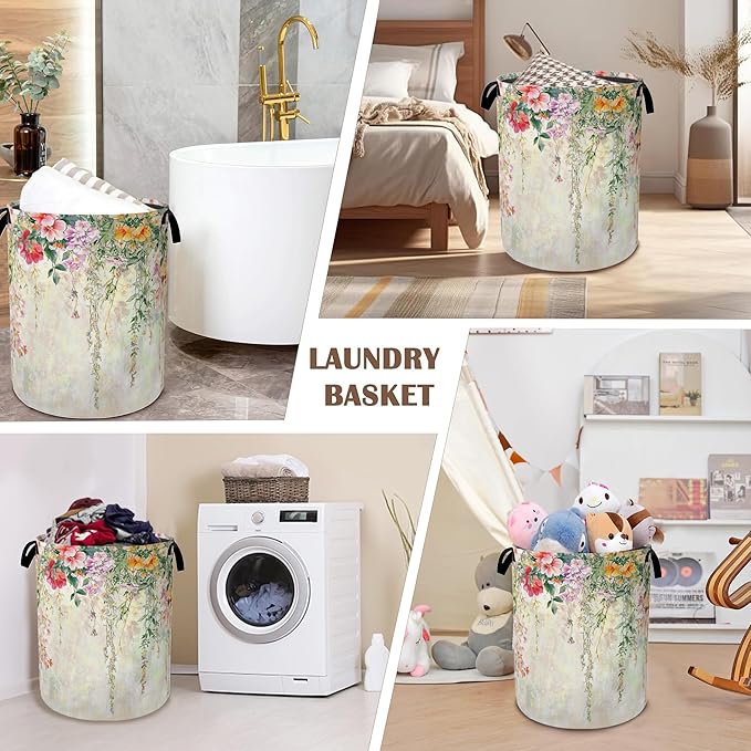 Abstract Colorful Flowers Laundry Basket,Watercolor Painting Collapsible Laundry Baskets with Handles,Waterproof Oxford Cloth Storage Basket 16"x20" for Bathroom/Bedroom/Dormitories