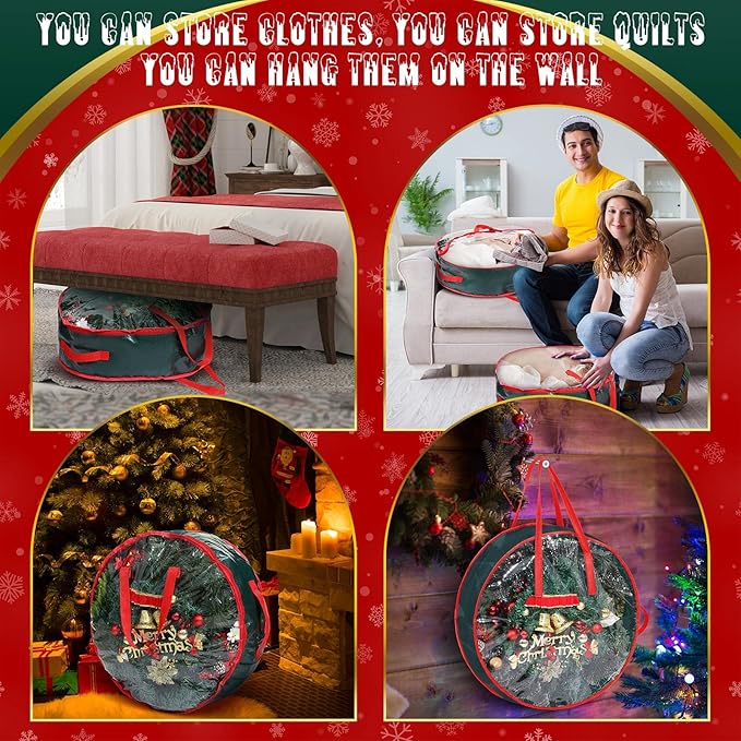 Shappy 4 Pcs Christmas Wreath Storage Bag Wreath Storage Container with Clear Window Plaid Box with Handles for Storing Garland Holiday Wrapping(Green,30 x 7 Inch)