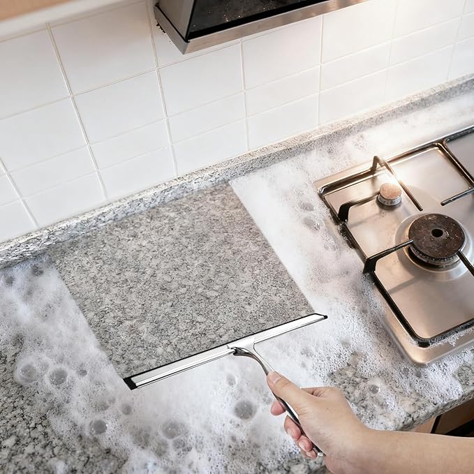 BGGo 10-Inch Shower Squeegee with Hanger, All-Purpose Stainless Steel and TPR Rubber for Streak-Free Cleaning on Glass Shower Doors, Mirrors, Windows, Tile and Car Glass