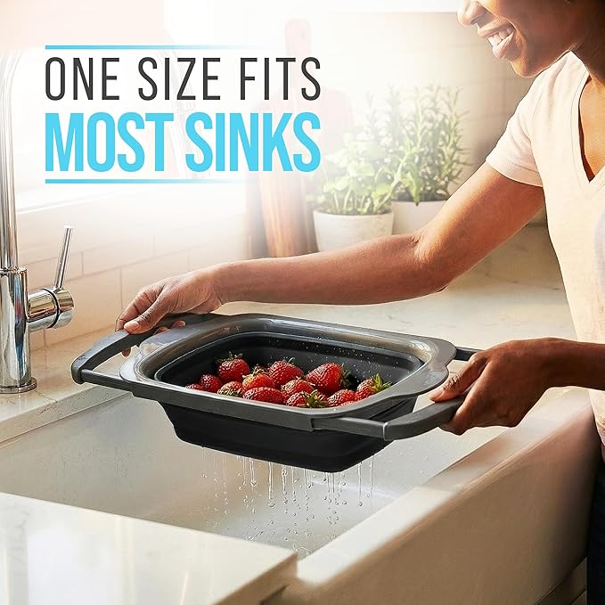 Comfify Over-the-Sink Colander with Handles – Sleek Plastic Black Kitchen Strainer for Pasta, Vegetables & Fruits – Space-Saving Design – 17.1" x 10.1" x 1.4"