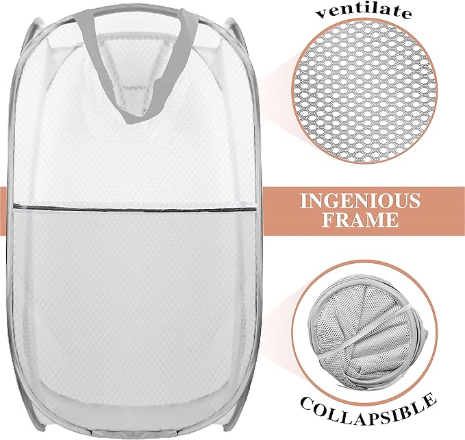 Buyongwant Collapsible Pop Up Laundry Hamper, Extra Large Mesh Foldable Laundry Basket, 28" x 16" x 16" (Grey)