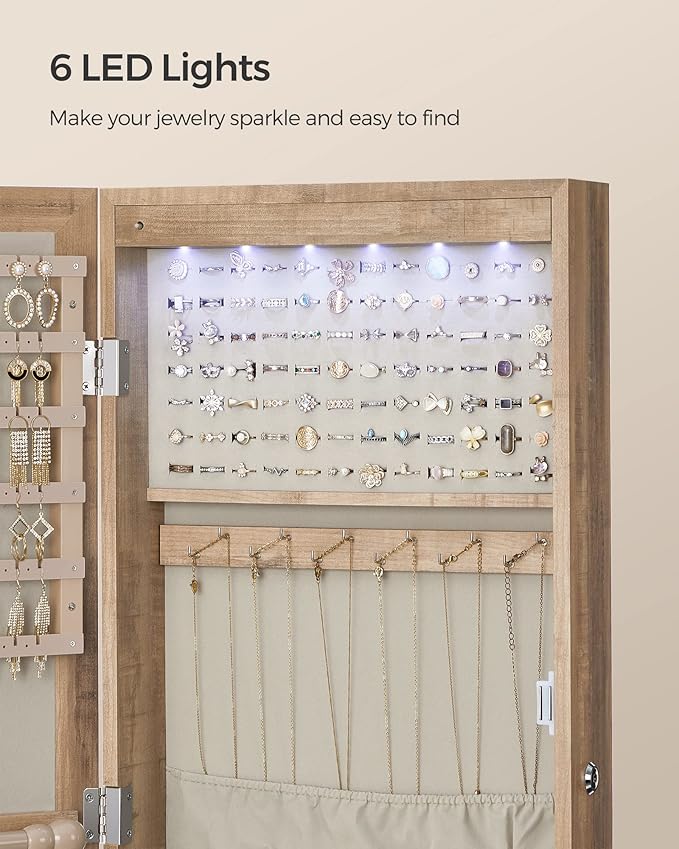 SONGMICS 6 LEDs Mirror Jewelry Cabinet, 47.2-Inch Tall Lockable Wall or Door Mounted Jewelry Armoire Organizer with Mirror, 2 Drawers, 3.9 x 14.6 x 47.2 Inches, Toasted Oak Color UJJC093N01