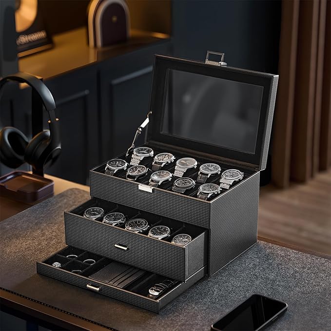 ProCase 20 Slot Watch Box for Men, 3-Layer Watch Display Case with Glass Lid, Watch Holder with Drawer, Jewelry Storage Organizer for Watches Straps Rings -AllBlack