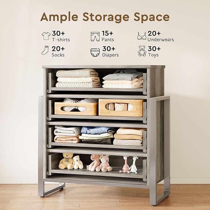 Fluted Dresser for Bedroom with 4 Drawers, 36.2" Tall Chest of Drawers with Raised H Legs and Curved Profile Design, Wood Closet Clothes Storage Organizer for Bedroom, Hallway, Grey