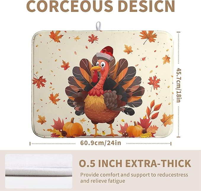 Happy Thanksgiving Dish Drying Mats for Kitchen Counter Autumn Fall Turkey Maple Leaves Pumpkin Drying Mat 18 x 24 Inch Microfiber Absorbent Dish Drying Pad Washable Dish Drainer Mats for Coffee Bar