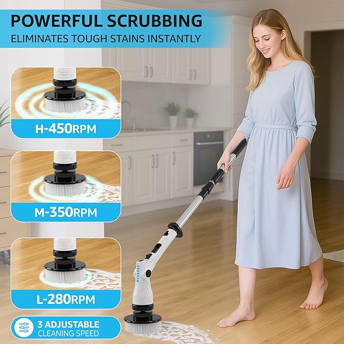 Electric Spin Scrubber – Cordless Power Cleaner with 8 Brush Heads, Long Adjustable Handle, 3 Speed for Deep Bathroom, Tile, Floor & Tub Cleaning, 6-Angle Adjustable