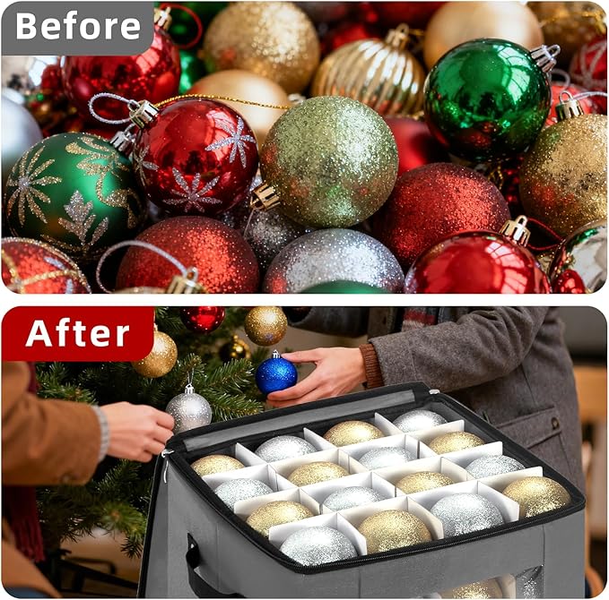JY COOKMENT Christmas Ornament Storage Box with Adjustable Dividers, Premium Holiday Ornaments Storage Container Bin with Zippered Top for Xmas Decorations (64-3" Balls, Gray, Without Tray)