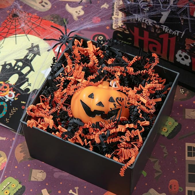 Mefleet 1 LB Halloween Crinkle Cut Paper Shred Filler Black & Orange Crinkle Shredded Paper for Gift Basket - Gift Box Bag Filler - Grass Cushion Stuffing for Halloween Packaging Wrapping
