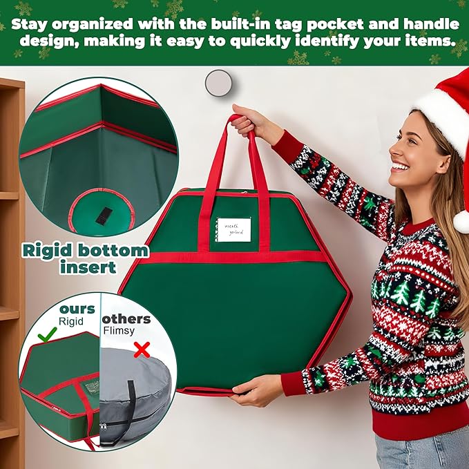 Christmas Wreath Storage Container - 30" Sturdy Hard Shell Christmas Wreath Storage Bag with Interior Pockets, Dual Zipper and Handles, Premium Wreath Storage Organizer Box