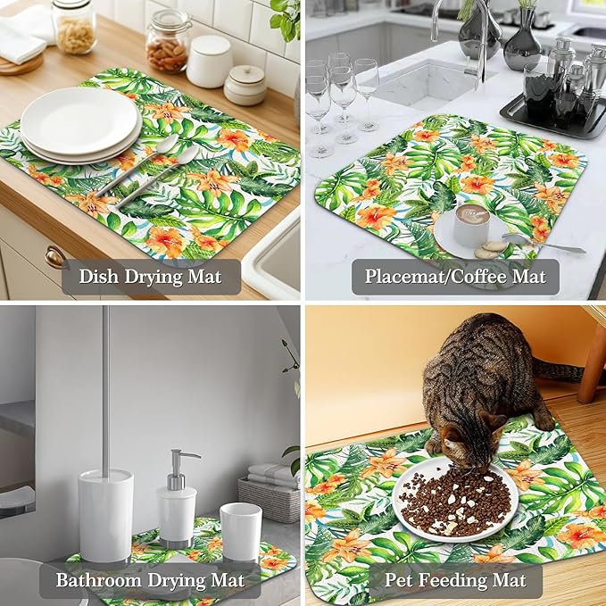 Quick Absorbent Kitchen Drying Mat - Stylish Patterns Dish Drying Mat- 16×18 Inch & 18×24 Inch Kitchen Drainer Mat for Countertops, Dishes & Glassware