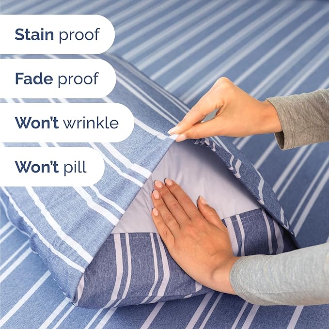 Twin 4 Piece Sheet Set - Comfy Breathable & Cooling - Soft Hotel Luxury Bedding Set with 8-16 Inch Deep Pockets - 1 Flat & 1 Fitted Sheet & 2 Pillowcases - Wrinkle Free & Easy Care - Blue Stripes 3