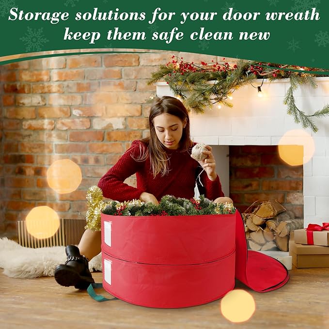 Wreath Storage Container, Christmas Wreath Storage Bags for 2 Wreath with Dual Zipper and Handles, Dust, Pest Protection,Holiday Wreaths Storage Holder 24” (RED)