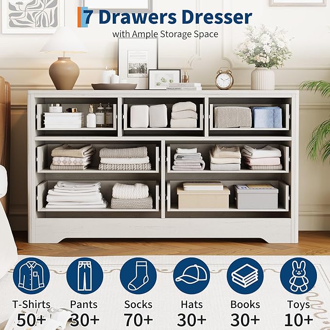 Garvee Dresser for Bedroom with 7 Decorative Front Drawers, 54'' Wide Chest of Drawers with Large Clothes Storage Cabinet, Wood Bedroom Dresser, TV Stand for Nursery, Living Room, Hallway, White