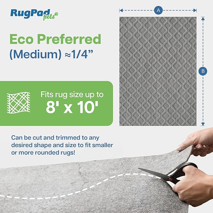 RugPadPets Waterproof Rug Pad Gripper 8x10 ft (1/4" Medium) – Non-Slip Underlay for Area Rugs, Runners, Carpet – Cushioned Padding for Hardwood, Vinyl, Concrete Floors – Washable Mat Protector