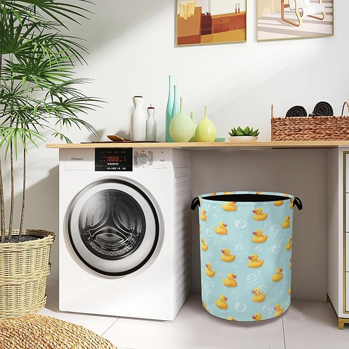 Cute Duck Laundry Basket,Foldable with Handles Tote Bag Oxford Cloth for Bathroom Bedroom Dirty Clothes Storage Bucket 16" x 20.8"