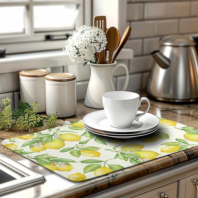 Wnoesat Summer Lemon Drying Mat Watercolor Fruit Yellow Lemon With Green Leaf Floral Dish Drying Mats for Kitchen Counter 18×24 Inch Microfiber Absorbent Dish Pad