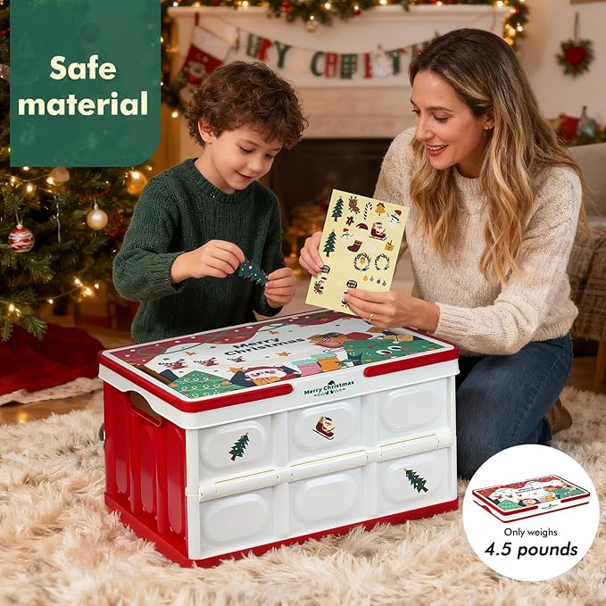 Christmas Storage Box 50L 2 Pack, Foldable Storage Box with Wood Lid & Handles, Includes Christmas Stickers for DIY, Multifunctional Wood Top for Holiday Decor, Gift, Fruit Cutting & Home Organization