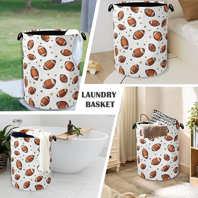 American Football Laundry Basket,Stars Foldable with Handles Tote Bag Oxford Cloth for Bathroom Bedroom Dirty Clothes Storage Bucket 16" x 20.8"
