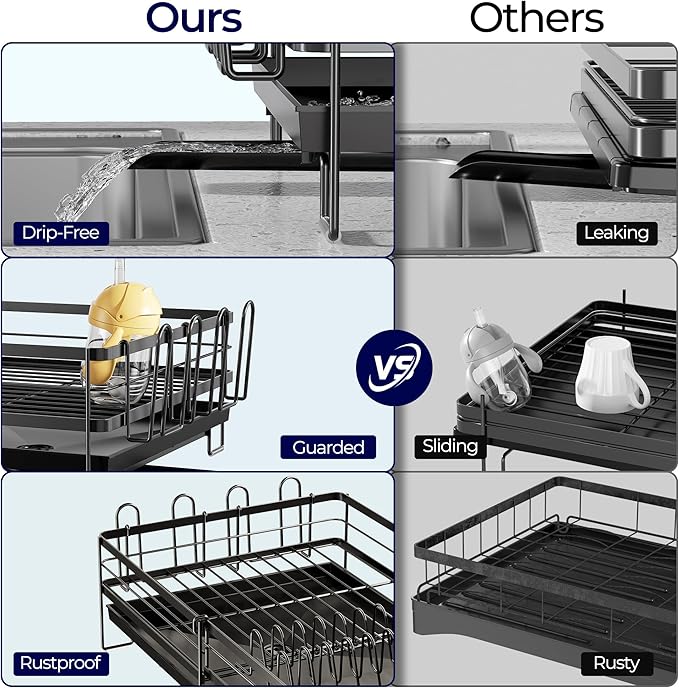 Pantasia Large Dish Drying Rack, Expandable Dish Rack for Kitchen Counter, Upgraded Dish Drainer with Drainboard Set, Multifunctional Dishrack with Utensil Holder & Cup Holder, 13.4"-28.7" L x 11.8" W