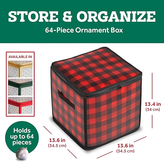 ZOBER Christmas Ornament Storage Box Plastic - Stores 64 3" Ornaments with Individual Trays - Ornament Organizer Storage Box, Durable Christmas Containers Holder - Plaid