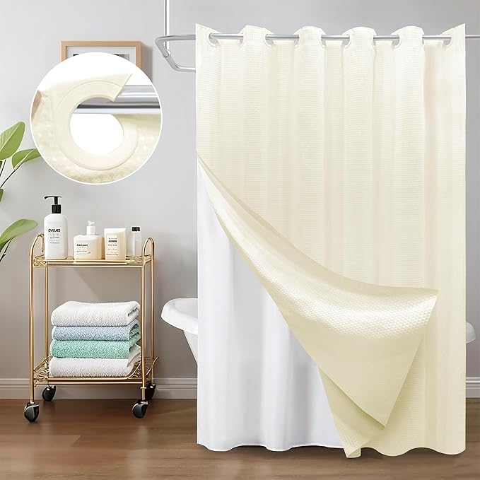 Inhousolu No Hook Waffle Weave Shower Curtain with Removable Snap in Fabric Liner Set for Bathroom, 230 GSM Heavy Duty Weighted Hem, Water Repellent Washable Bath Curtains, 72 x 84 Inch, Ivory