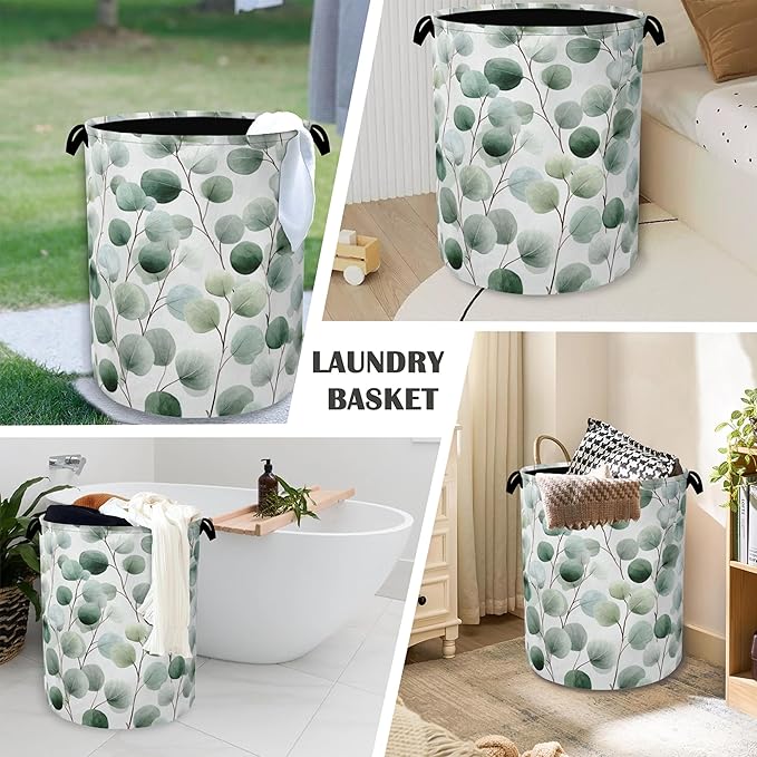 Eucalyptus Leaves Laundry Basket,Foldable Oxford Cloth Tote Bag Laundry Hamper Clothes Storage Bucket Organizer for Bedroom Laundry Storage Dormitories 16" x 20.8"