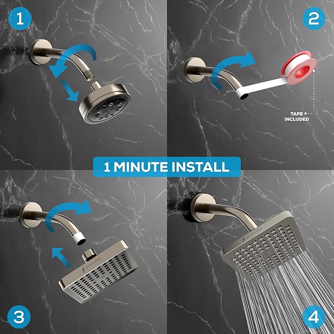 SparkPod Shower Head - High Pressure Rain - Premium Quality Luxury Design - 1-Min Install - Easy Clean Adjustable Replacement for Your Bathroom Shower Heads (Elegant Brushed Nickel, 6 Inch Square)