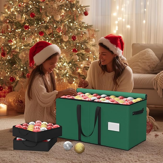 Christmas Ornament Storage Box With 8 Trays - Stores Up to 128 Holiday Ornaments, Christmas Storage Container with Side Pocket, Adjustable Dividers, Card Slot, Tear-Proof Fabric - Green