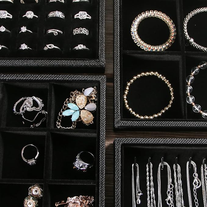 Julysky 4 Pcs/set Stackable Jewelry Organizer Trays for Drawer,100 Slots Ring Tray，Necklace Tray,12 Grid,24 Grid Jewelry Displays for Selling,Black