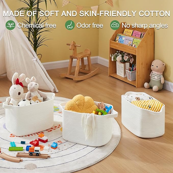 Storage Baskets for Organizing, Woven Baskets for Shelves, Rectangle Decorative Organizer for Storage Clothes, Toy, Books, Towels Nursery Bins 3 Pack (White, 13"x9.85"x8.7")