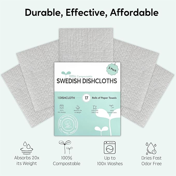 Auggee Swedish Dishcloths for Kitchen, 5 Pack Swedish Dish Cloths, Ultra Absorbent Reusable Paper Towels, Cellulose Sponge Cloths, Quick Drying, No Odor, Dishwasher Safe Grey