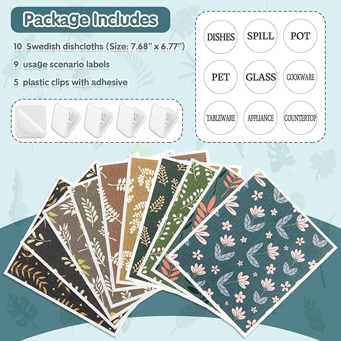 Lucomb 10 Pack Swedish Dishcloths Reusable- Cellulose Cotton Swedish Dish Towels Washable Kitchen Cloths with Hanging Clips, Reusable Paper Towels No Odor for Cleaning Dishes Home Decorative