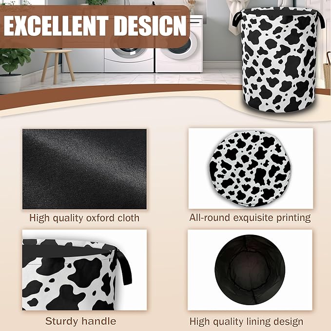 Cow Print Laundry Basket,Waterproof Foldable Laundry Hamper,Dirty Clothes Basket, Linen Bin Storage Organizer Collection 16" x 20.8"