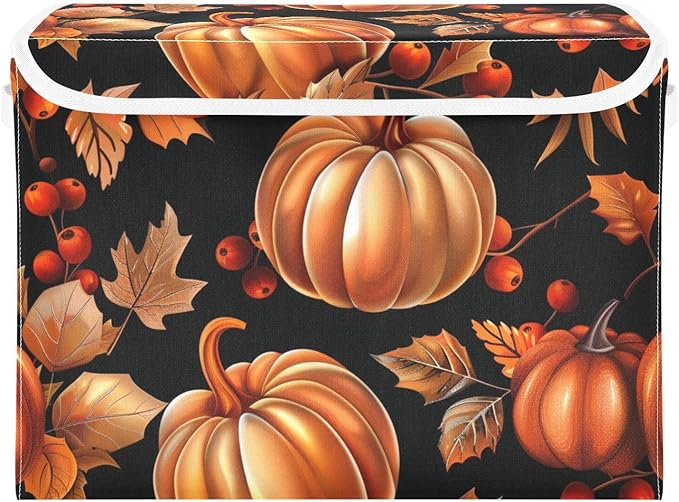 Thanksgiving Baskets Collapsible Storage Bins with Lids, Autumn Pattern Pumpkins Storage Boxes Clothes Baskets for Organizing