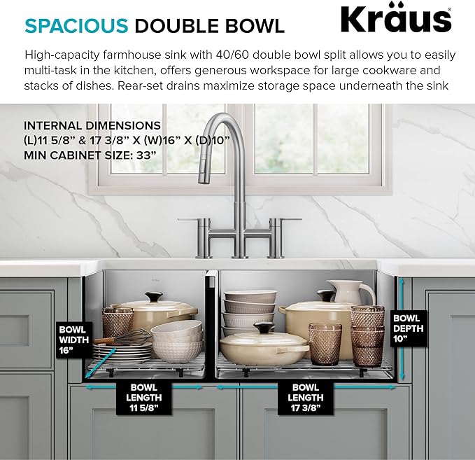Kraus KHF204-33 Standart PRO Kitchen Stainless Steel Sink, 16 Gauge, 33" Undermount Round Apron 40/60 Double Bowl Kitchen Sink