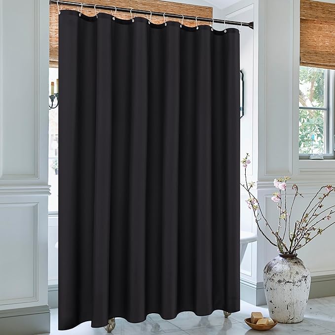 Biscaynebay Fabric Shower Curtain Short Stall Liners 72" Width by 65" Length, Black Water Resistant Bathroom Curtains, Rust Resistant Grommets Top Weighted Bottom Machine Washable