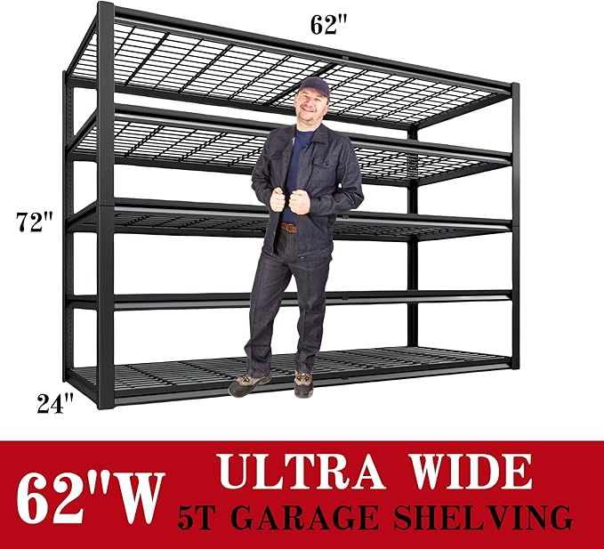 LI JIU HOME 62" W x 24" D x 72" H Garage Shelving Heavy Duty Metal Shelving 3500LBS Storage Shelves Adjustable Metal Shelves for Storage Industrial Garage Shelves for Warehouse Basement (5T 72*62*24)