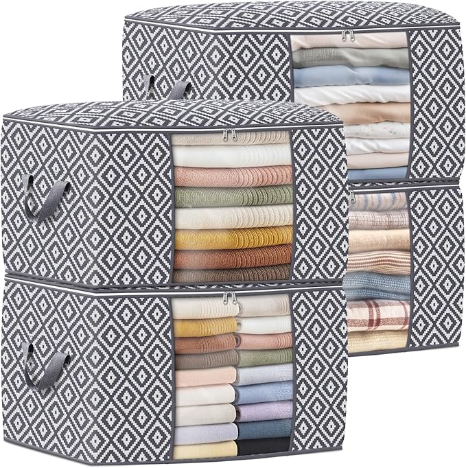 Direct 100L, 4 Pack, Storage Containers, Large Clothes Storage Bins Foldable Organization and Storage Bags with Reinforced Handle, Clear Window for Bedding, Blankets, Clothing, Grey