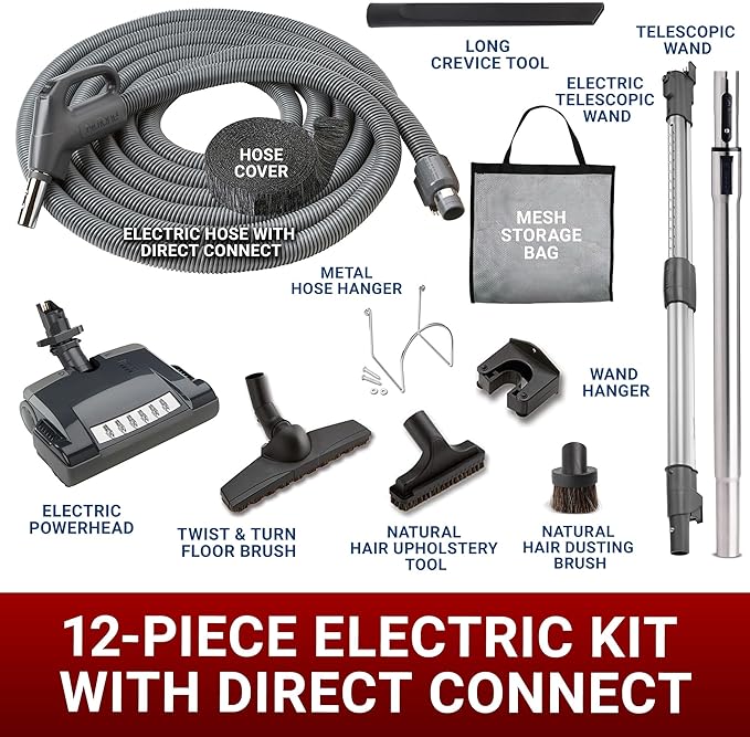 Central Vac Carpet & Bare Floor Electric Direct Connect Attachment Set for Cleaning Carpets, Hardwood Floors, Furniture & Draperies - 30FT Hose, Twist & Turn Brush, Electric Brush, Wands & Storage Bag