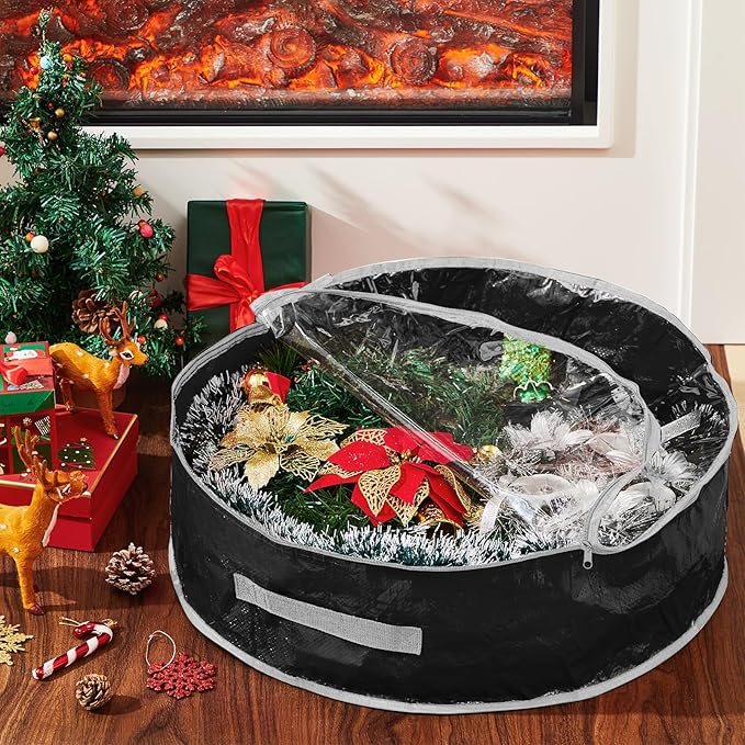 4 Pcs Christmas Wreath Storage Bag, Christmas Garland Storage Container with Clear Window, Zipper & Handle for Xmas Holiday Seasonal Wreath Garland Box(Black,30")