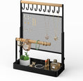 IOAIANIA Jewelry Organizer Stand, Liftable Necklace Holder with Earring Organizer Net, 9 Hooks Necklaces Storage Wooden Handing Bar for Bracelets Watches Rings (Black)