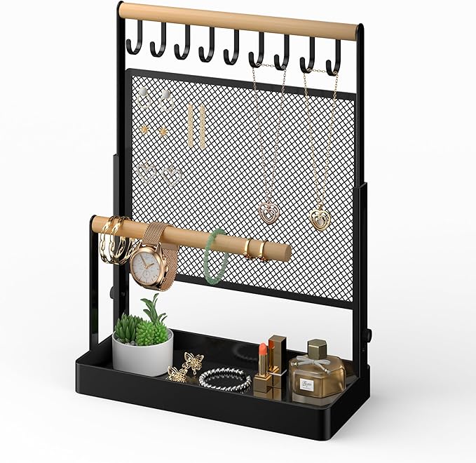 IOAIANIA Jewelry Organizer Stand, Liftable Necklace Holder with Earring Organizer Net, 9 Hooks Necklaces Storage Wooden Handing Bar for Bracelets Watches Rings (Black)