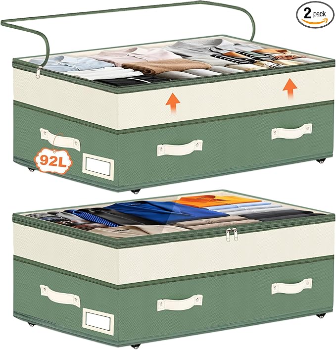 Dolicer 2 Pack Under Bed Storage with Wheels, 6in-10in Height Adjustable Underbed Storage Containers, 92L XXXL Under Bed Drawers Rolling Bin with Clear Lids for Dorm Shoes Clothes Organizers(Green)