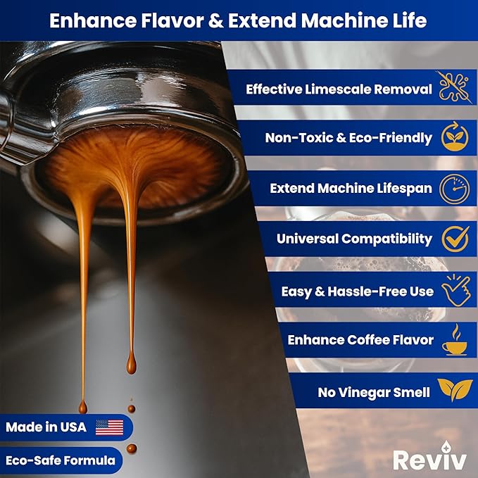 REVIV Coffee Maker Descaling Solution (4 Uses) 16.9 fl oz – Universal Coffee Descaler for Keurig, Nespresso, Breville & Delonghi Machines – Descaler for Multi-Cup & Single Serve Brewers