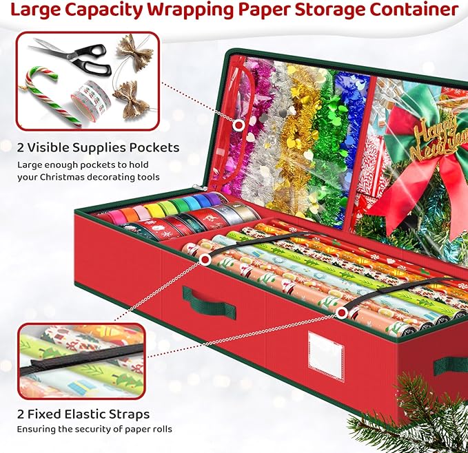 BlessedSeason Wrapping Paper Storage Organizer for 40 Inch Christmas Gifts Wrapping Paper, 2 Visible Supplies Pockets for Holiday Accessories, Christmas Decoration Storage Containers, Red