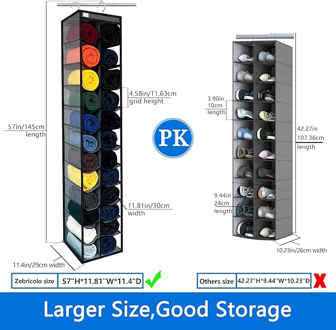 zebricolo,Closet Organization,24 Section, Hanging Closet Organizer, Space Saving, College Dorm Essentials for Girls, Heavy dutys Hooks Up to 45 Pounds, Clothes Storage,Closet Organizer,Grey/Black