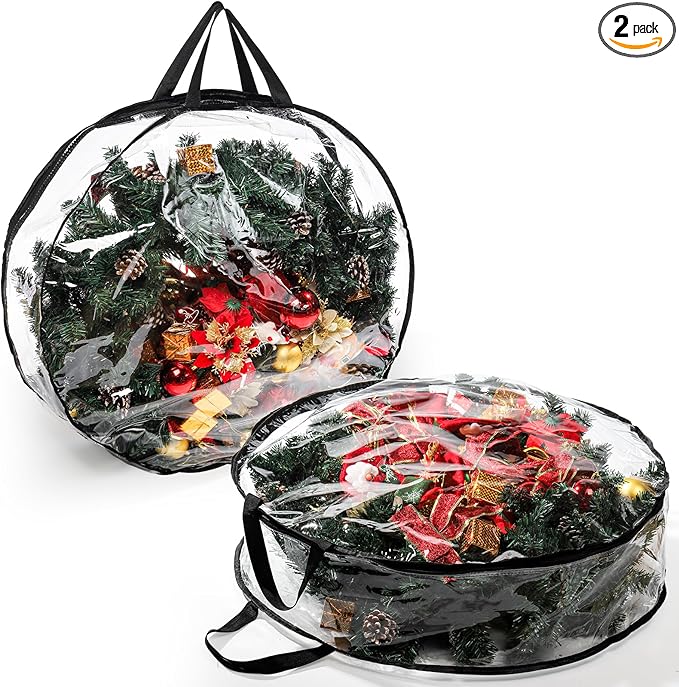 Hedume 2 Pack Wreath Storage Bag, 30" X 8" Clear Everyday Bag, Christmas Wreath Storage Container with Dual Zippered and Reinforced Handle for Holiday Seasonal Wreath Garland