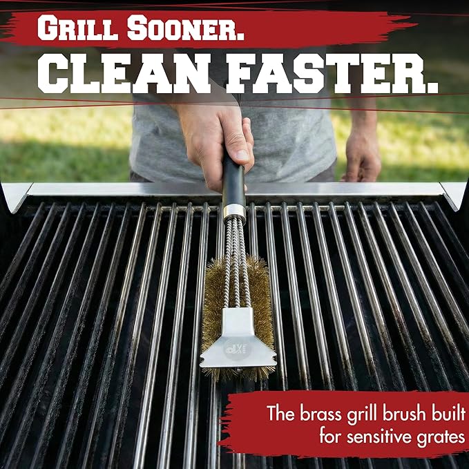 KITCHEN PERFECTION Brass GrillSaver - Safe BBQ Grill Brush with Replaceable Cleaning Head -Heavy-Duty Grill Cleaner w/Scraper for Porcelain & Ceramic Grates, Includes Magnetic Hanger & Bottle Opener